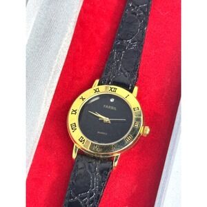 Farbil Quartz Watch Black Dial Gold Tone Roman Numeral Bezel Leather Strap Box